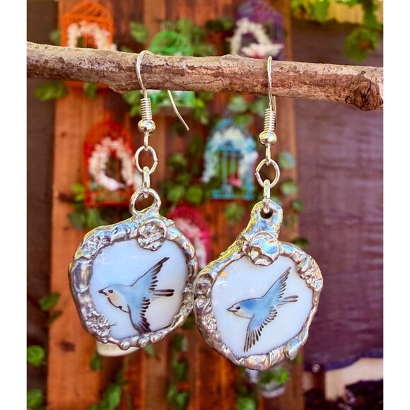 Bluebird Porcelain Earrings Handmade With Recycled China & 925 Silver - Picture 4 of 15